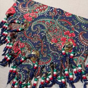 Western Southwest Paisley Conchos Beads Cowboy Vintage Boho Scarf Fringe